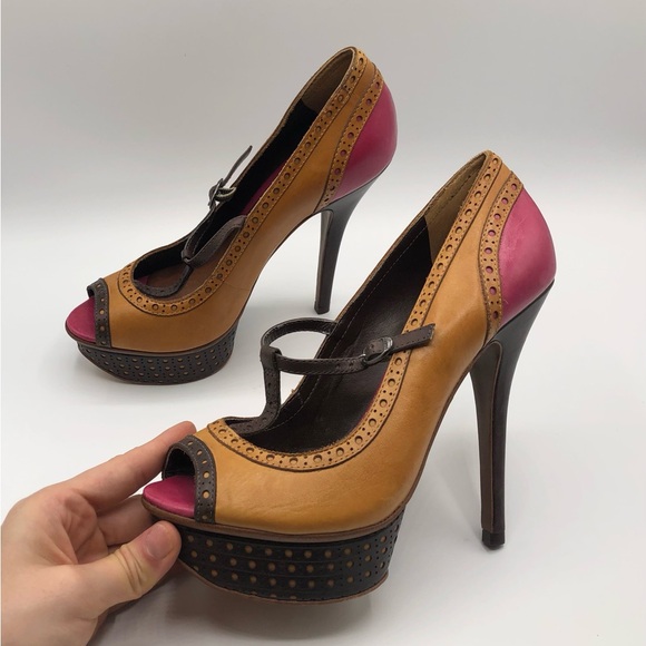 Schutz Tan Pink Leather Mary Jane T-Strap Peep Toe Stiletto Heels Women’s Size 6 - Picture 2 of 12